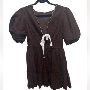 House of Harlow 1960 Brown Mini Dress with puff sleeves and scalloped edges